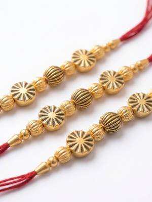 set of 3 red & gold toned artificial stones & beads thread rakhi with roli chawal 3
