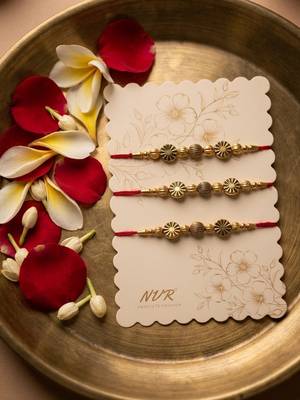 set of 3 red & gold toned artificial stones & beads thread rakhi with roli chawal 4