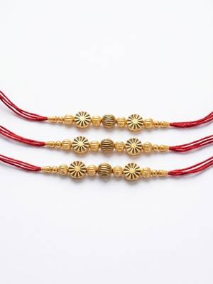 set of 3 red & gold toned artificial stones & beads thread rakhi with roli chawal 5