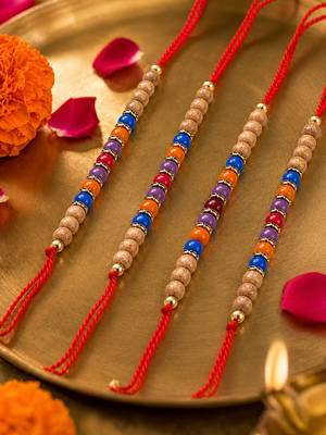 set of 4 multicolor circular beads studded thread rakhi with roli chawal chandan 1