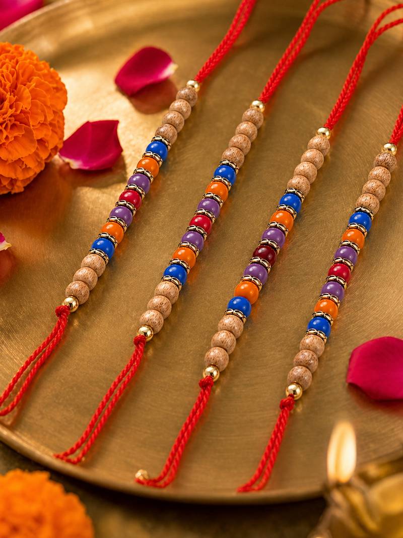 set of 4 multicolor circular beads studded thread rakhi with roli chawal chandan