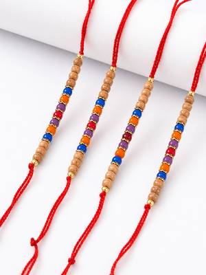 set of 4 multicolor circular beads studded thread rakhi with roli chawal chandan 2