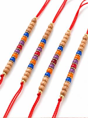 set of 4 multicolor circular beads studded thread rakhi with roli chawal chandan 3