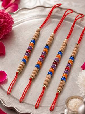 set of 4 multicolor circular beads studded thread rakhi with roli chawal chandan 4