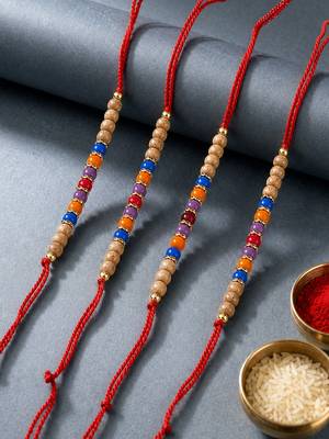set of 4 multicolor circular beads studded thread rakhi with roli chawal chandan 5