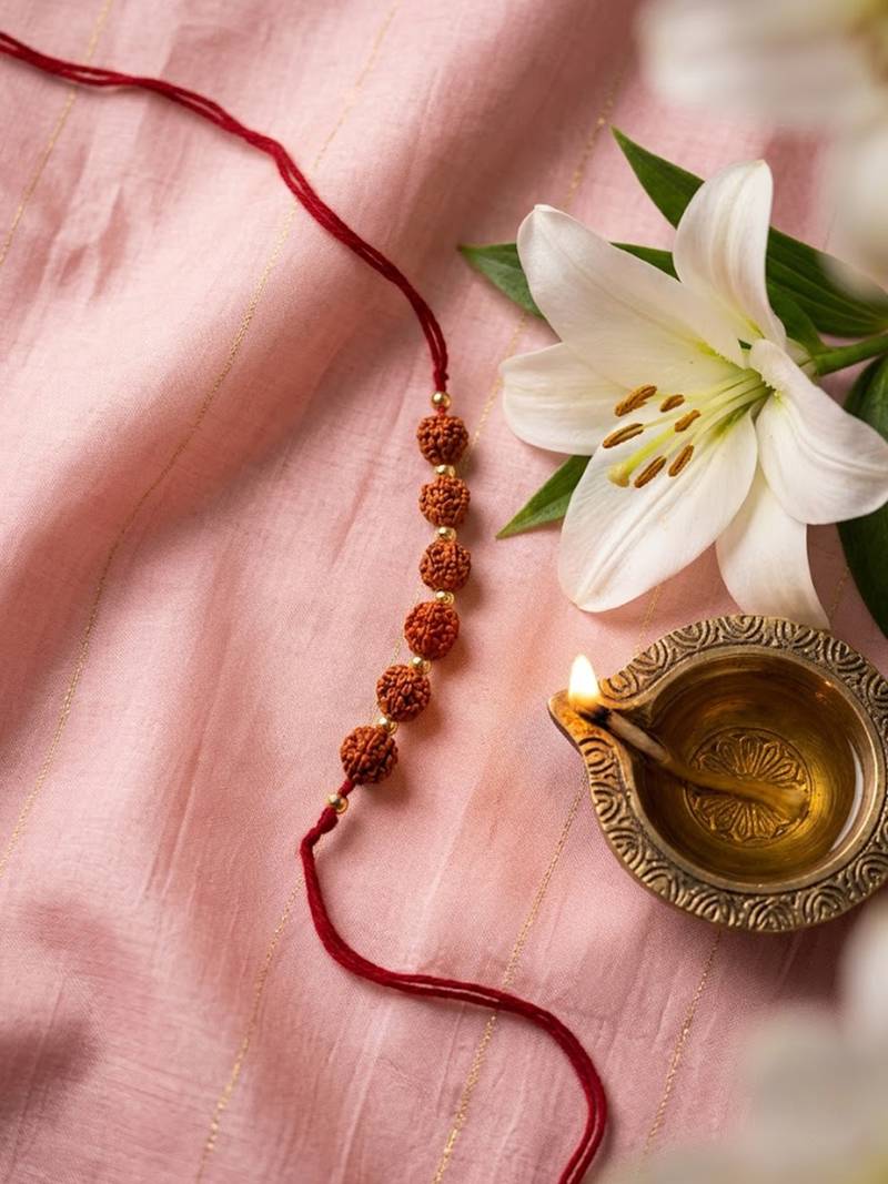 religious rudraksh thread rakhi with roli chawal chandan mishri