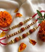 set of 3 religious rudraksh red thread rakhi with roli chawal chandan mishri