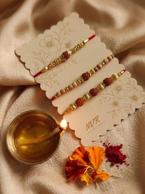 set of 3 religious rudraksh red thread rakhi with roli chawal chandan mishri 2