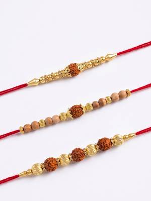 set of 3 religious rudraksh red thread rakhi with roli chawal chandan mishri 3