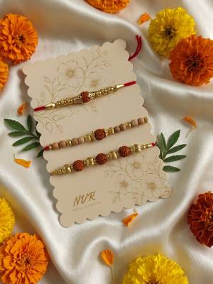 set of 3 religious rudraksh red thread rakhi with roli chawal chandan mishri 4