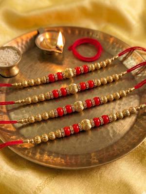 set of 4 artificial beads red thread rakhi with roli chawal chandan mishri 1