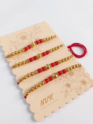 set of 4 artificial beads red thread rakhi with roli chawal chandan mishri 2