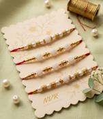 set of 4 white pearls & red thread rakhi with roli chawal chandan mishri