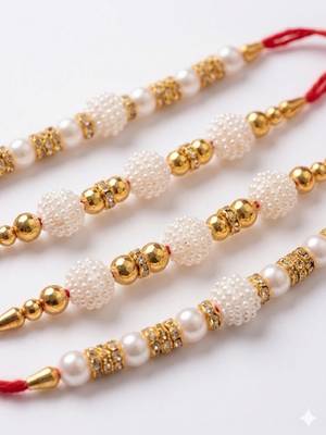 set of 4 white pearls & red thread rakhi with roli chawal chandan mishri 4