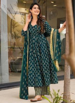 Floral printed muslin v neck dark-green anarkali set 1