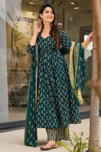 Floral printed muslin v neck dark-green anarkali set