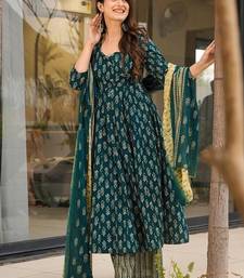 Floral printed muslin v neck dark-green anarkali set