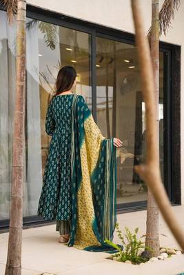 Floral printed muslin v neck dark-green anarkali set 2
