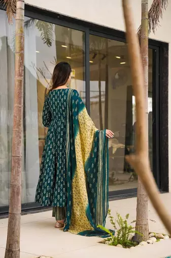 Floral printed muslin v neck dark-green anarkali set