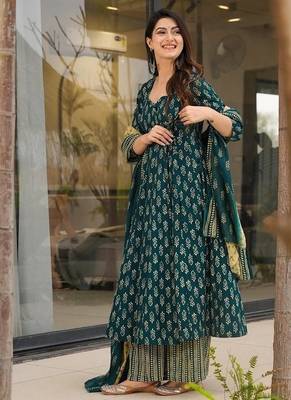 Floral printed muslin v neck dark-green anarkali set 3