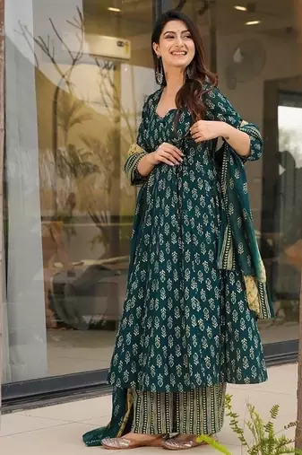 Floral printed muslin v neck dark-green anarkali set