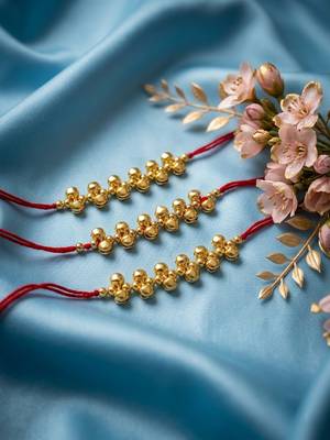 set of 3 gold toned ghungroo & red thread rakhi with roli chawal chandan mishri 2