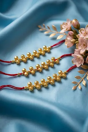 set of 3 gold toned ghungroo & red thread rakhi with roli chawal chandan mishri