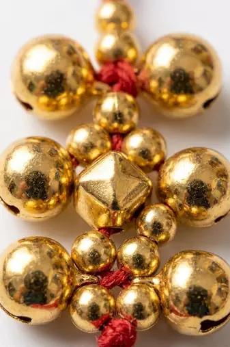 set of 3 gold toned ghungroo & red thread rakhi with roli chawal chandan mishri