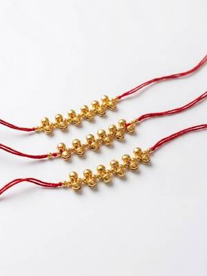 set of 3 gold toned ghungroo & red thread rakhi with roli chawal chandan mishri 5