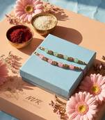 set of 2 pink & green artificial beads thread rakhi with roli chawal chandan mishri