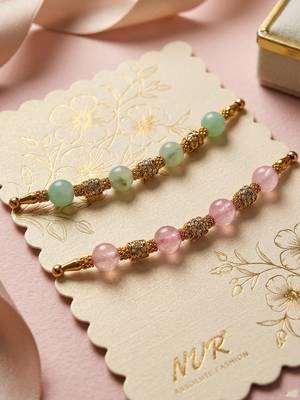 set of 2 pink & green artificial beads thread rakhi with roli chawal chandan mishri 2