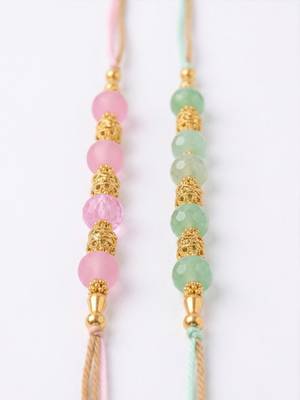 set of 2 pink & green artificial beads thread rakhi with roli chawal chandan mishri 3