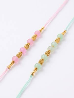 set of 2 pink & green artificial beads thread rakhi with roli chawal chandan mishri 4