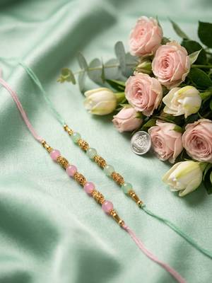 set of 2 pink & green artificial beads thread rakhi with roli chawal chandan mishri 5