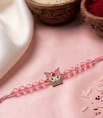 pink transparent beaded cartoon character kids rakhi with roli chawal chandan mishri