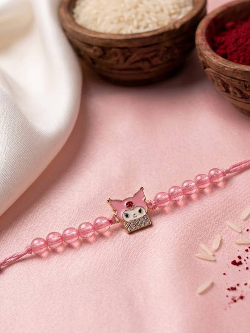 pink transparent beaded cartoon character kids rakhi with roli chawal chandan mishri