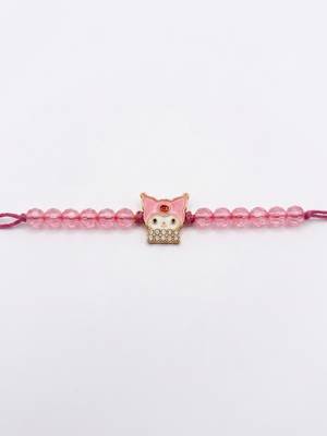 pink transparent beaded cartoon character kids rakhi with roli chawal chandan mishri 3