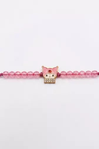 pink transparent beaded cartoon character kids rakhi with roli chawal chandan mishri