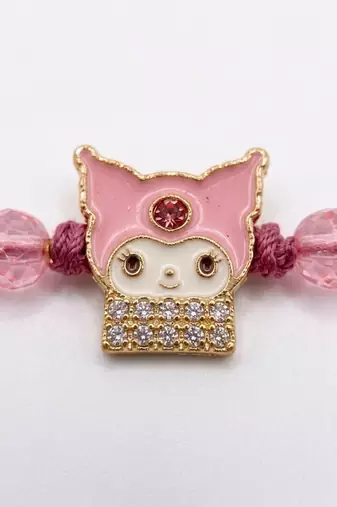 pink transparent beaded cartoon character kids rakhi with roli chawal chandan mishri