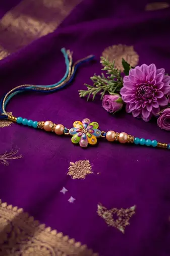 artificial beads flower shape multicolor thread rakhi with roli chawal chandan mishri