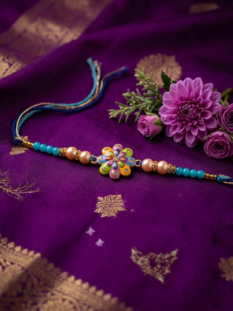 artificial beads flower shape multicolor thread rakhi with roli chawal chandan mishri