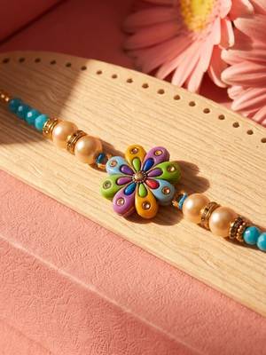 artificial beads flower shape multicolor thread rakhi with roli chawal chandan mishri 2
