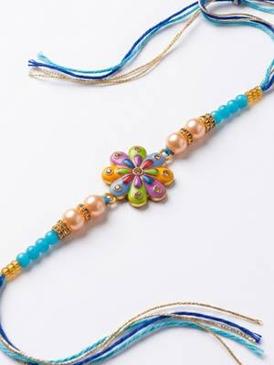 artificial beads flower shape multicolor thread rakhi with roli chawal chandan mishri 3