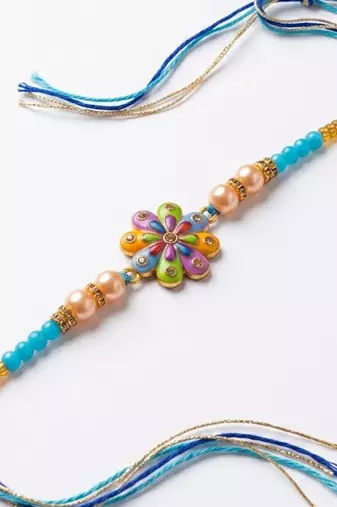 artificial beads flower shape multicolor thread rakhi with roli chawal chandan mishri