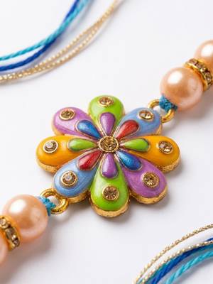 artificial beads flower shape multicolor thread rakhi with roli chawal chandan mishri 4