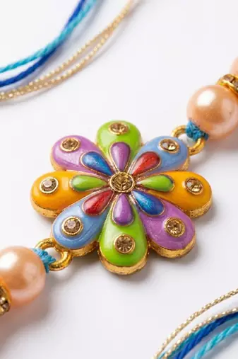 artificial beads flower shape multicolor thread rakhi with roli chawal chandan mishri