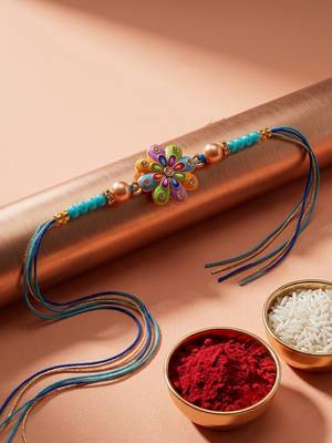artificial beads flower shape multicolor thread rakhi with roli chawal chandan mishri 5