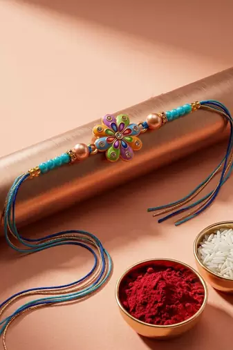 artificial beads flower shape multicolor thread rakhi with roli chawal chandan mishri
