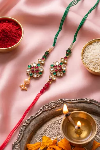 set of 2 floral design kundan studded bhaiya bhabhi rakhi with roli chawal chandan