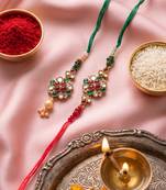 set of 2 floral design kundan studded bhaiya bhabhi rakhi with roli chawal chandan